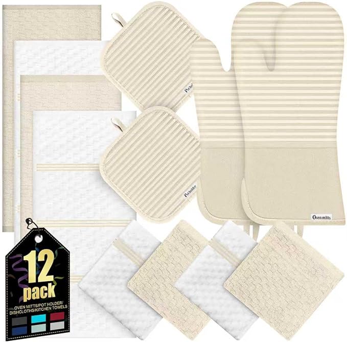Oven Mitts Kitchen Towels and Dishcloths with Pot Holders Sets, Oven Gloves Hot Pads 500°F Heat Resistant with Silicone Grip, Include 2 Cooking Gloves/2 Potholders/4 Kitchen Towels/4 Dish Towels