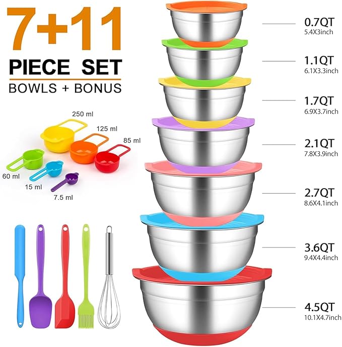 CHAREADA Mixing Bowls with Airtight Lids, 18pcs Stainless Steel Nesting Mixing Bowls Set Non-slip Silicone Bottom, Size 4.5, 3.6, 2.7, 2.1, 1.7, 1.1, 0.7 qt, Fit for Mixing & Serving(Colorful)