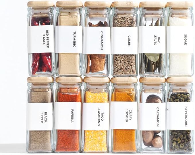 APT 1101 Glass Storage Jars with Bamboo Lid, glass canisters with airtight lids, Clear jars with lids for Spice, Cookie, Candy, Tea, Coffee Bean and Rice (White, Spice Jar Set (4 oz, set of 12))