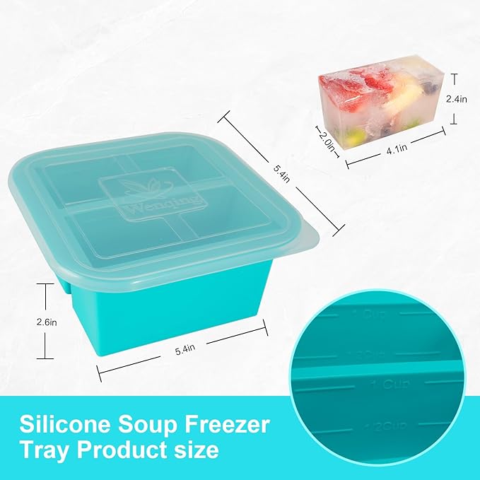 Silicone Freezer Tray with Lid 4 Pack Silicone Freezer Molds Ice Cube Tray Makes 8 Perfect 1 Cup Portions Soup Cubes Meal Prep Containers- Oven & Dishwasher Safe