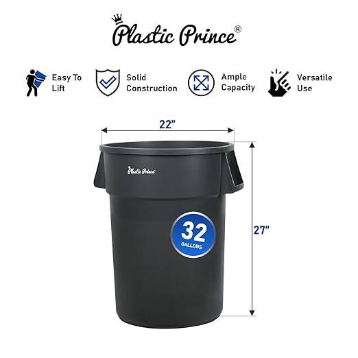 PLASTIC PRINCE 32 Gallon Round Trash Can Container Gray Plastic Commercial Garbage Bin for Home Garage Restaurants Warehouses