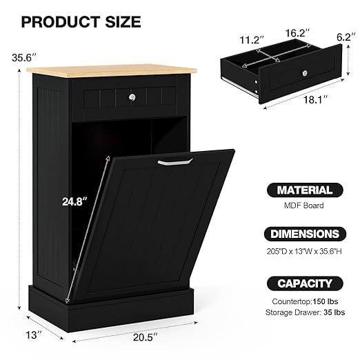 GAZHOME 10 Gallon Tilt Out Trash Cabinet, Upgrade Wooden Free Standing Recyclin Trash Cabinet with Hideaway Drawer(Black)