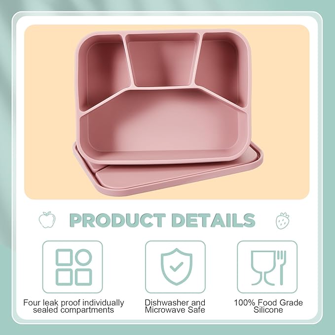Ziliny 4 Pcs Silicone Bento Box Reusable Lunch Container Smooth Leak Proof Lunch Box Rectangle Bento Boxes for Adult Work Travel Food Meal Compartment Storage, 4 Colors(Pastel Color)