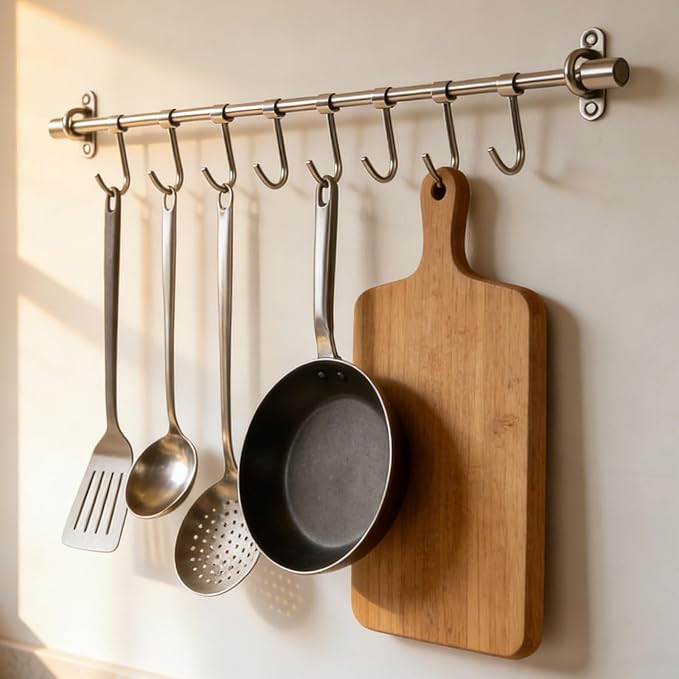 15.7" Kitchen Utensil Rack with Adjustable Holes - 7 Sliding Hooks 304 Stainless Steel, Pots and Pans Hanging Rack Wall Mounted 2 Pack