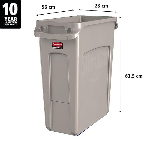 Rubbermaid Commercial Products SLIM JIM Plastic Rectangular Trash/Garbage Can/Bin with Venting Channels 16 GALBeige for Kitchens/Classrooms/Offices/Back of House