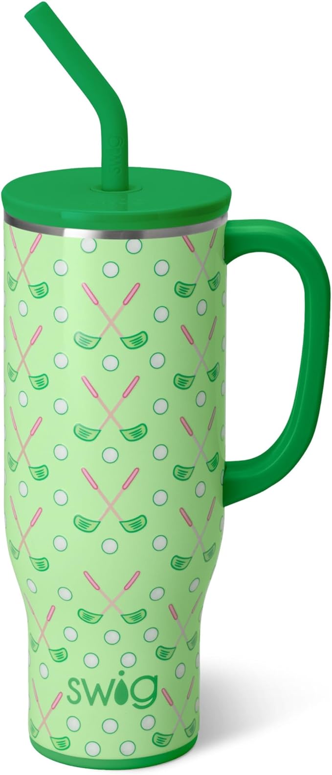 Swig Life 30oz Mega Mug, 30 oz Tumbler with Handle and Straw, Cup Holder Friendly, Dishwasher Safe, Extra Large Insulated Tumbler, Stainless Steel Water Bottle (Tee Time)