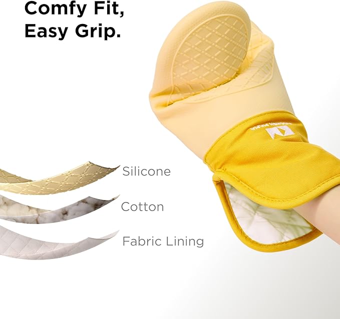 Kitchen Mama UltraShield Silicone Oven Mitts – Heat Resistant, Non-Slip Surface, Durable, Safe, Pot Holders, Flexible Waterproof Glove Set, Perfect for Cooking, Baking, Grilling, BBQ (Yellow)