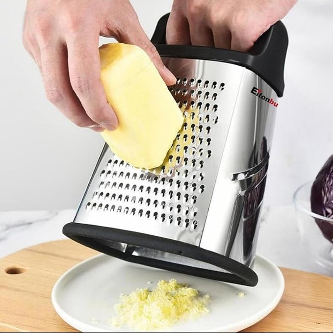 Multifunctional Stainless Steel Grater Slicer with Handle, Large 4 Sides Cutter for Ginger, Garlic, Cucumbers, Carrots, Cheese, Potato，Dishwasher Safe （Black）