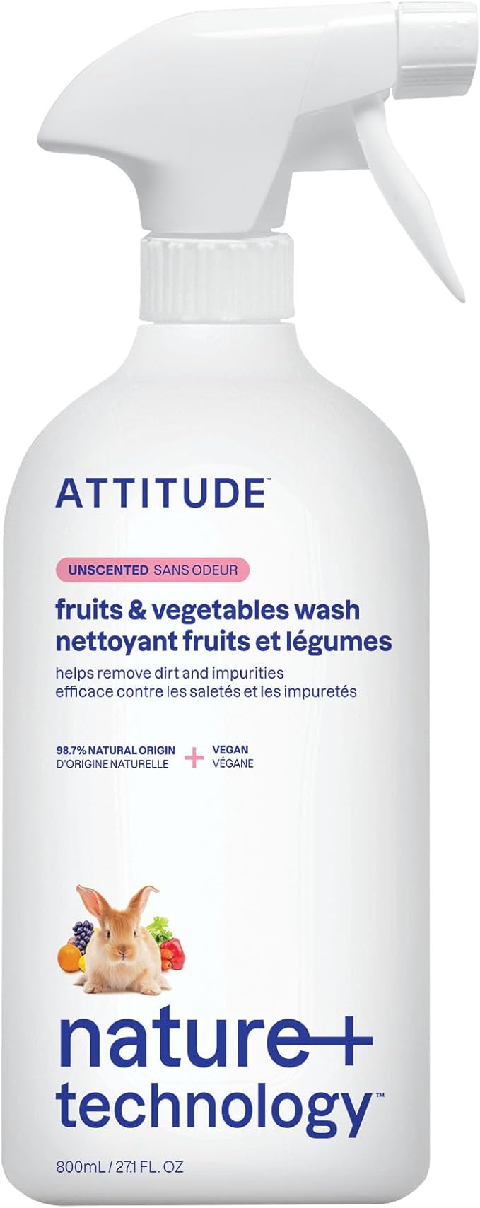 ATTITUDE Fruit & Vegetable Wash, Unscented Food-Safe Produce Wash to Remove Dirt, Wax & Residue, Vegan Plant-Based Produce Cleaner, 27.1 Fl Oz
