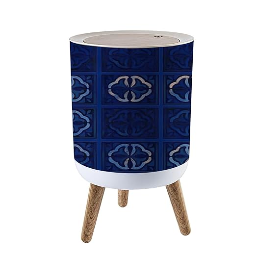 Trash Can with Lid tile pattern Lisbon floral mosaic Mediterranean seamless navy blue Press Top Round Small Garbage Bin with Wooden Legs Waste Basket for Kitchen Bedroom Nursery 7L/1.8 Gallon