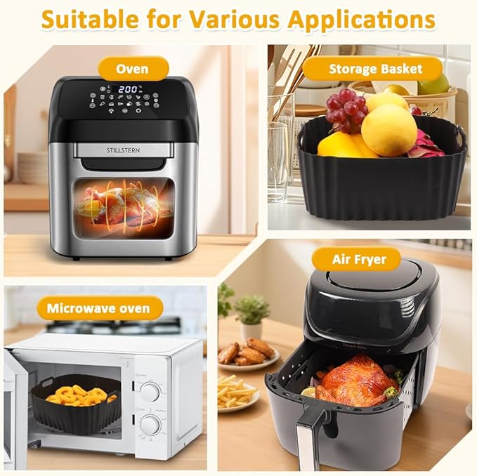 BYKITCHEN Large Air Fryer Silicone Liners Compatible with CHEFMAN 8QT/ 10 QT/ 12 QT & Other 8-12 Quart XL Airfryer, 2PCS 10 Inch Reusable Silicone Airfryer Oven Tray Insert, Air Fryer Accessories