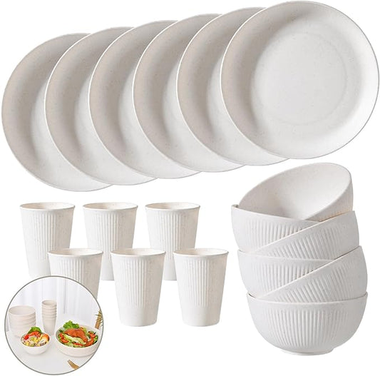 Wheat Straw Dinnerware Sets for 6 - Lightweight & Unbreakable Cups Plates and Bowls Sets Microwave 18 pcs Dinnerware Set for Kitchen, Travel & Camping Beige