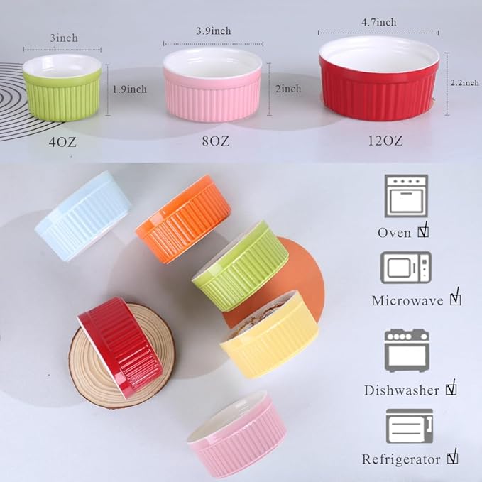 Ramekins 4oz,Creme Brulee Ramekins and Souffle Dishes,Porcelain Oven Safe Baking Bowls,Pudding Cups,Dipping bowl,Set of 6,Color