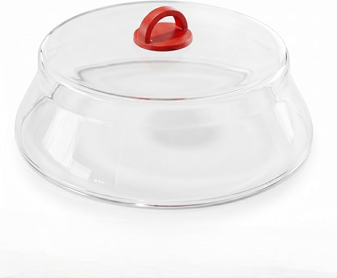 10 Inch Microwave Tempered Borosilicate Glass Plate Cover with Red Easy-Grip Silicone Handle - Unvented to Steam Food -Microwaveable/Oven/Stove Safe - Red Silicone Handle for Safe Easy Grip