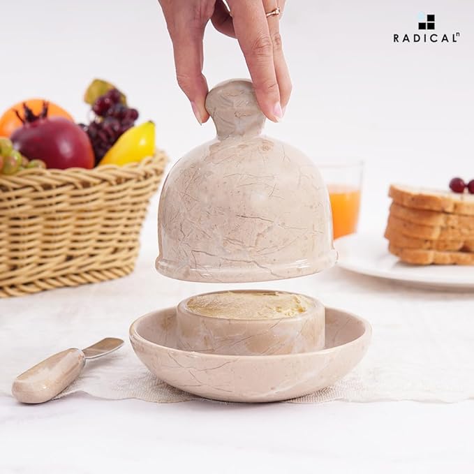 Radicaln Marble Butter Dish With Lid 6" Inches Verona Handmade Butter Spreader for Bread, Butter Crock For Counter With Water French Butter, Farmhouse Kitchen Décor
