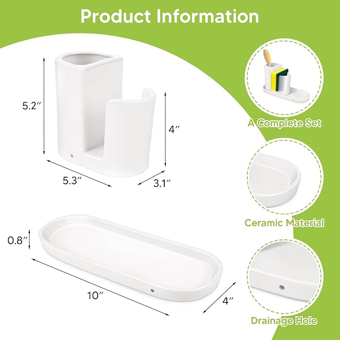 Ceramic Kitchen Sink Organizer Sponge Holder and Dish Brush Holder and Soap Tray for Kitchen Sink Organizer, White