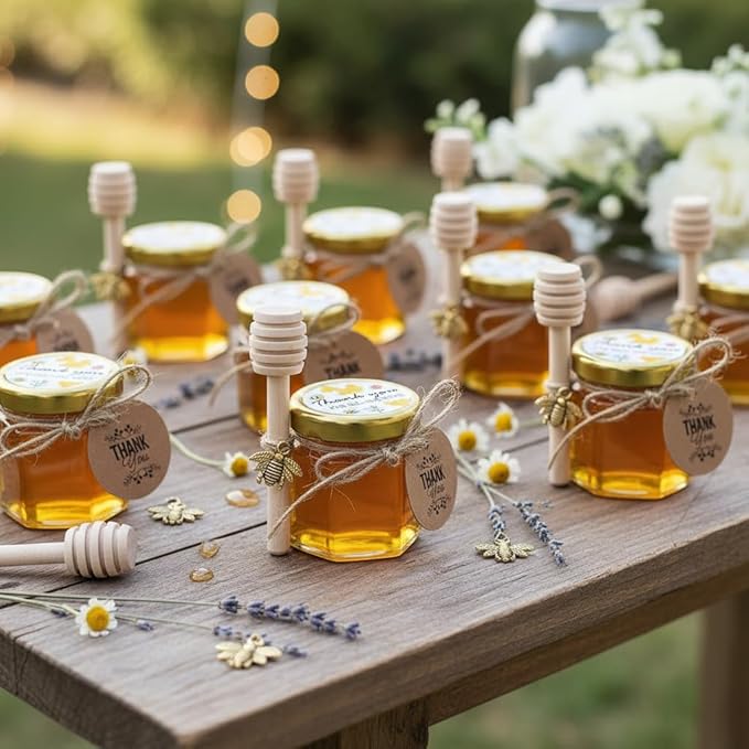 Adabocute Mini Honey Jars - Hexagon Little Glass Honey Jar with Gold Lids, Wooden Dippers, Bee Charms and Jutes - Small Honey Jars for Baby Showers, 20Pack