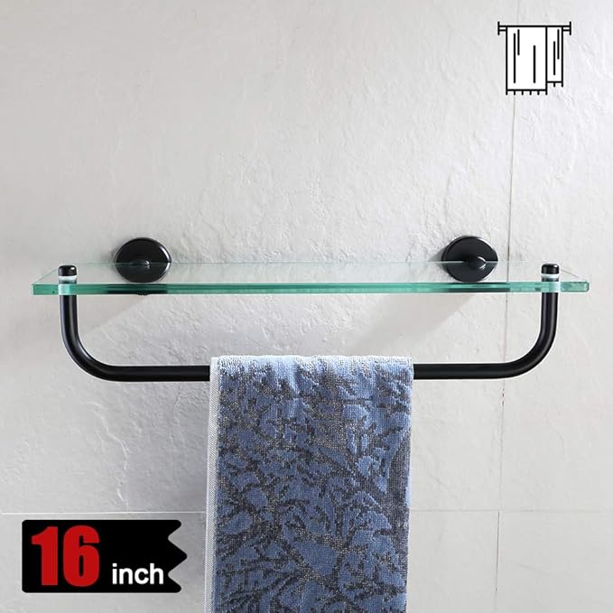 JQK Bathroom Glass Shelf, Shelf with 15 Inch Towel Bar Tempered Glass Shower Storage 16 by 5 inches, 304 Stainless Steel Matte Black Wall Mount, TGS100-PB