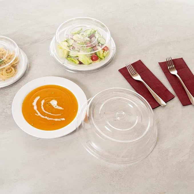 Restaurantware Cater Tek 10.2 Inch Polycarbonate Plate Cover 1 Shatterproof Dish Cover - Dishwashable Endures Up To 210F Clear Plastic Splatter Cover With Finger Hole For 10-Inch Plates