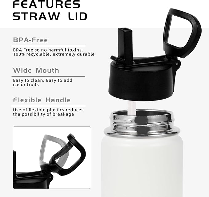 Volhoply 14oz KIds Stainless Steel Insulated Leakproof Water Bottle with Straw Lid and Silicone Boot,BPA-Free Easy Use for Boys&Girls,Double Wall Vacuum Bottles(White,1)