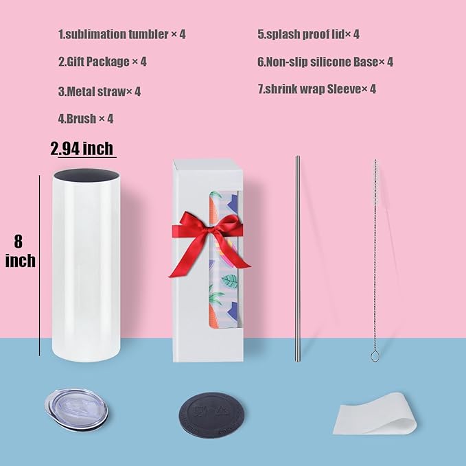 4 Pack 20oz Flat Edge Sublimation Tumblers Bulk, Sublimation Tumbler Blank, Skinny Straight Stainless Steel Blanks Cups with Individual Box (4, 20OZ FLAT EDGE)