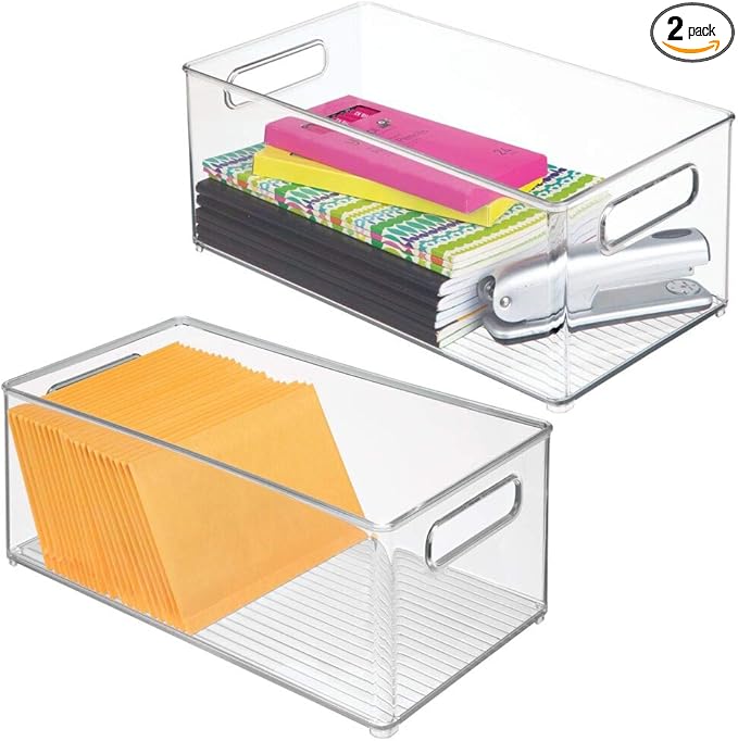 mDesign Deep Plastic Storage Organizer Container Bin, Office Organization for Filing Cabinet, Cupboard, Shelves, and Desk - Holds Notepads, Pens, Pencils, Highlighters, and Staplers - 2 Pack - Clear