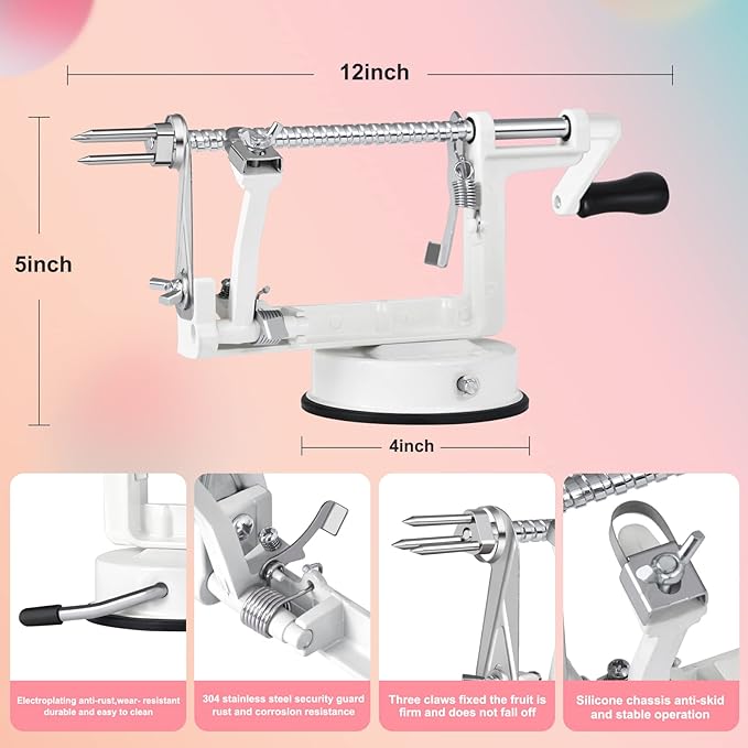 Apple Peeler, Slicer Corer Potato Peelers 3 In 1, Stainless Steel Heavy Duty with Suction Cup Base And 3 Extra Blades (White)