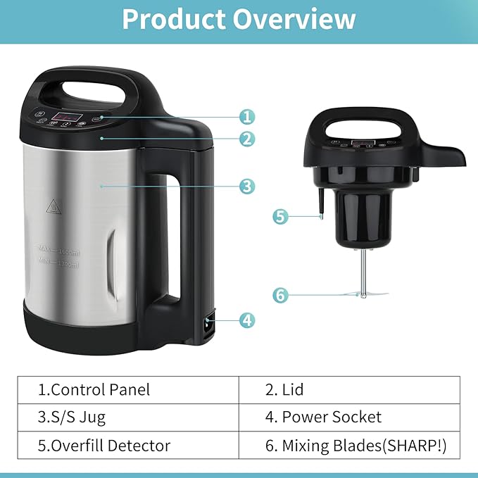 Soup Maker 1.6 L, 4 in 1 Multi-Funcation Soup and Smoothie Maker with Smart Control Panel, Stainless Hot Soup Maker Electric, Makes 2-5 Servings Living for Home Use Black
