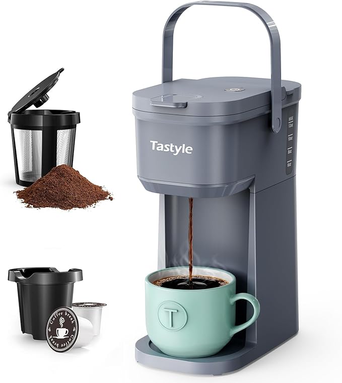 Tastyle Single Serve One Cup Coffee Maker, for K Cups and Grounds, Mini Coffee Maker with Portable Handle, 6 to 12 Oz Brew Size, for Travel, Camping, Office, RV and Dorm, 120V, Cool Gray