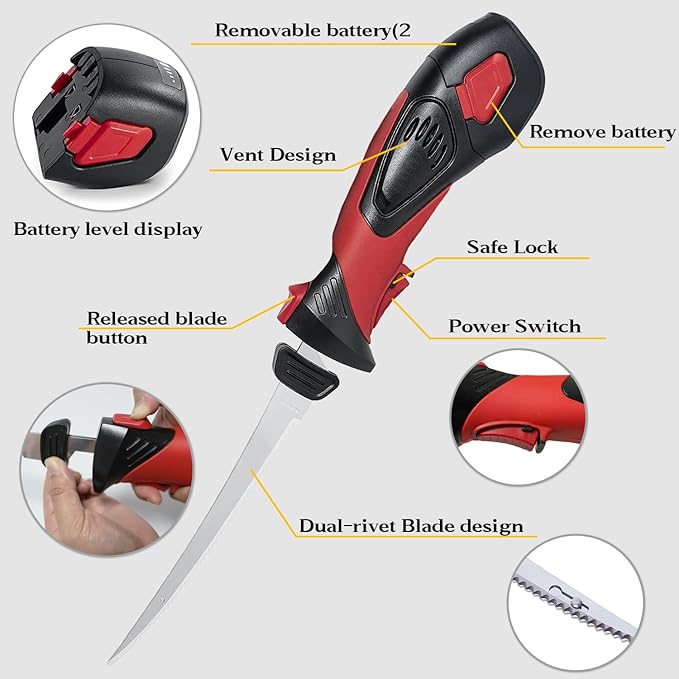 Cordless Electric Fillet Knife - 5 Ti-Nitride Coated Non-Stick Blades, Ergonomic Non-Slip Grip Handle & Cooling Vent Stylish with Carry Bag,Perfect Electric Knife for Effortless Fishing (Red)