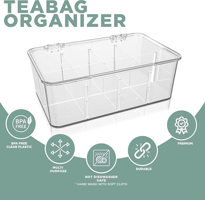 Utopia Home Tea Bag Organizer - Stackable Tea Bag Storage Organizer with Clear Top Lid- Tea bag holder For Counter tops, Kitchen Cabinets, Pantry, Sweeteners (Clear, Pack of 6)