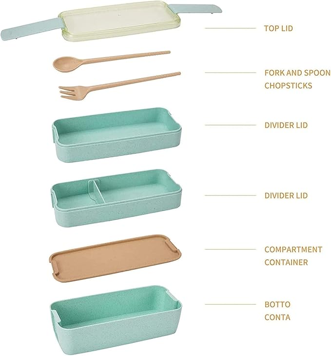 Rarapop Green Stackable Bento Lunch Box Kit, 3-In-1 Compartment Wheat Straw Lunch Containers with Tableware, Reusable On-the-Go Meal and Snack Containers