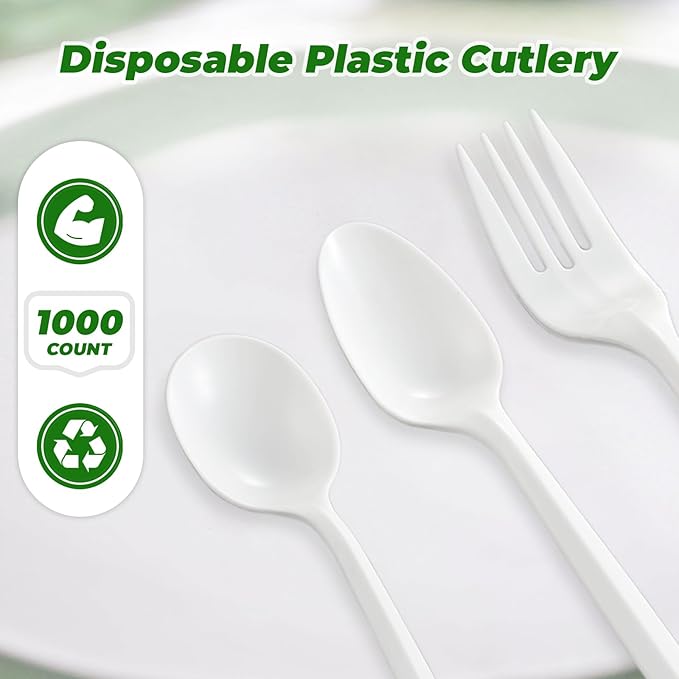 1000PCS Disposable Plastic Teaspoons Bulk Spoons White Silverware Reusable Heavy Duty Disposable Cutlery Plastic Utensils Flatware for Home Restaurant Party Picnic Camping Travel (Teaspoon-1000pcs)