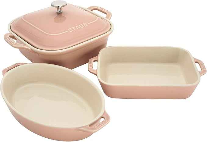 Staub Ceramic 4-pc Baking Pans Set, Casserole Dish with Lid, Brownie Pan, Light Pink