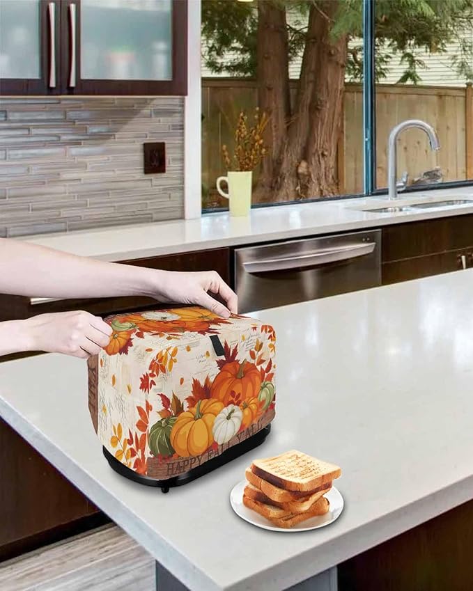 Orange Pumpkins Fall Toaster Cover 2 Slice, Thanksgiving Maple Leaf Dustproof Bakeware Oven Protector with Top Hook, Autumn Retro Waterproof Small Kitchen Appliance Toasters Dust Cover, 12"x7.5"x8"
