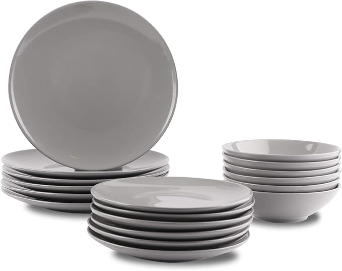 Amazon Basics 18-Piece Stoneware Dinnerware Set, Service for 6, Microwave and Dishwasher Safe, Plates and Bowls for Everyday Use, Smokey Grey