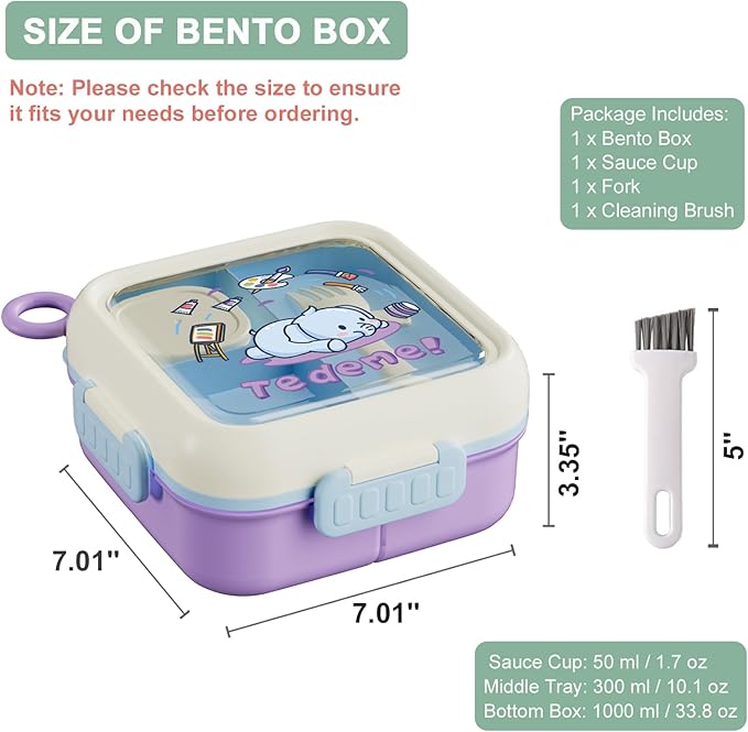 Bento Box for Kids Adults – Cute Cartoon 2-Layer Lunch Box with Fork, Sauce Cup & Brush, BPA-Free, 3-Compartment Square Snack Container with Handle for School, Office, or Travel (Purple)