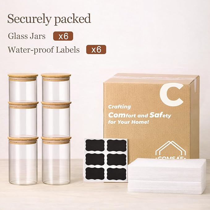 ComSaf Glass Storage Containers with Lids (0.6qt/1qt/1.5qt) Set of 6,Glass Pantry Storage Containers with Airtight Lid & lables for Dry Food, Snacks, Nuts, Stackable for Kitchen, Pantry Organization