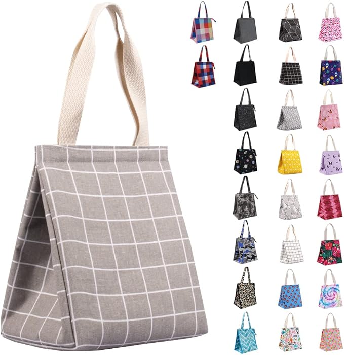 iknoe Insulated Lunch Bag for Women & Adults, 9L Foldable Wide-Open Cooler Bag with Pockets, Leakproof & Portable, for Picnic, Office, Beach(Gray grid)