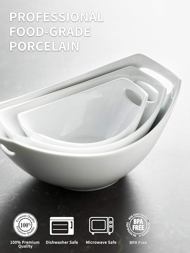 LAUCHUH Serving Bowls with Handles, Porcelain Serving Dishes White Nesting Bowls Mixing Bowl Set Salad Bowls for Entertaining, Mother's Day Party, Baby Shower, Set of 3, 15/28/49 oz