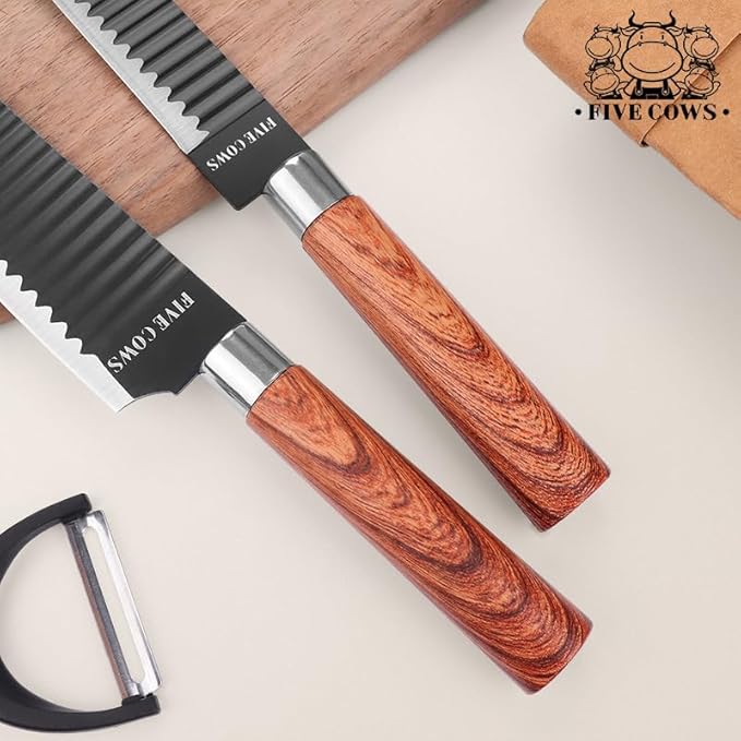7-Piece Ultra Sharp Chef Knife Set - Premium German High Carbon Stainless Steel, Ergonomic Wood Pattern Handle, Professional Kitchen Knives with Gift Box (Brown 7 Piece)