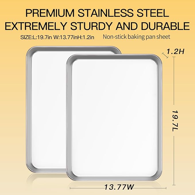 Commercial Quality Baking Sheet Pan Set, Natural Stainless Steel Cookie Sheet, Warp Resistant Nonstick Baker's Half Sheet Pan, Large Thick Cookie Tray Pans for Baking, Roasting(2 Pack, 20X14Inch)