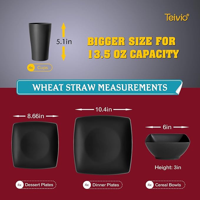 Teivio 16-piece Plastic Wheat Straw Square Dinnerware Set for 4, Unbreakable Dinner Plates, Salad Plates, Snack Bowls, Tumblers 13.5 oz, Dishwasher Safe, Kitchen Outdoor Camping,Black