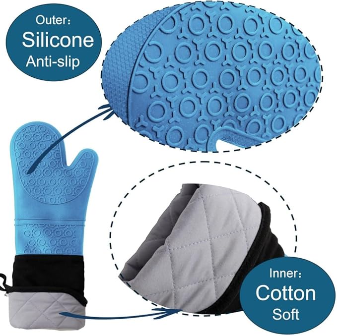 Extra Long High Temp Oven Mitts - 2pcs Commercial, Heavy Duty Non-Slip Grip Mitts - Silicone Heat Resistant Up to 500 Degrees, Ideal for Cooking, Baking & Frying, Blue