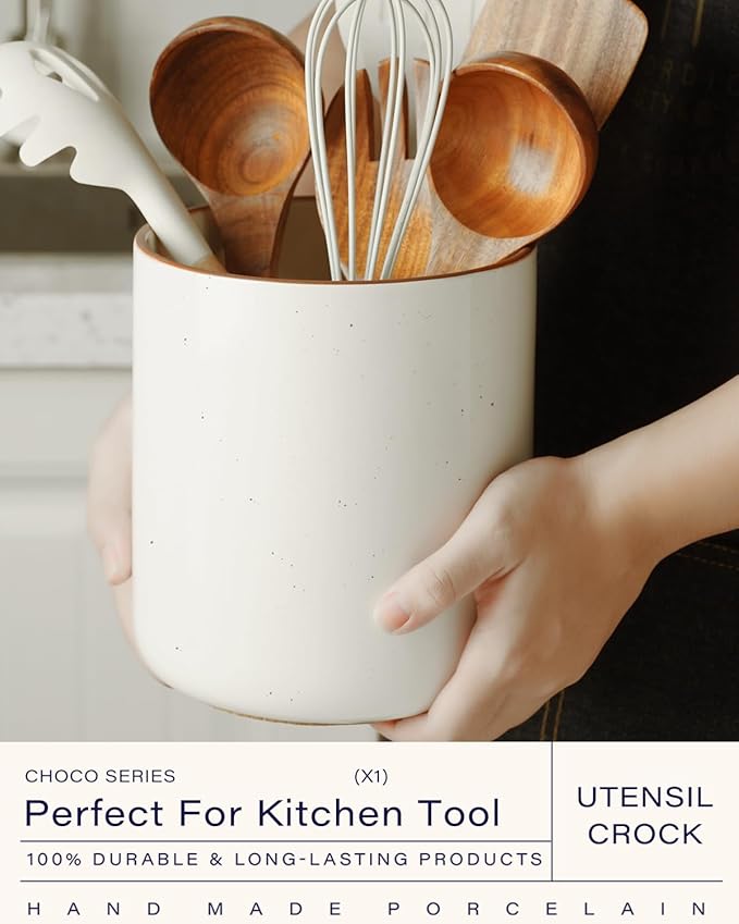 getstar Large Utensil Holder for Kitchen Counter,7.2" Vintage Ceramic Utensils Crocks Utensil Organizer for Spatula Farmhouse Kitchen Decor