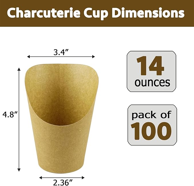 CAMKYDE 100 Pcs French Fries Holder, 14oz Disposable Paper French Fry Cups Charcuterie Cups for all Occasions (14oz, Brown)