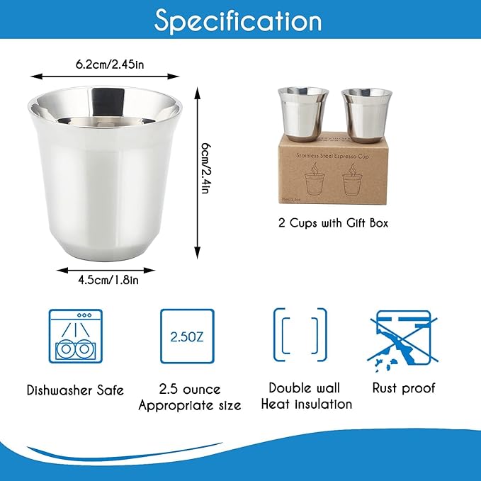 Easyworkz Stainless Steel Espresso Cup 2pcs Set Double Wall 2.5 oz, Bundled Espresso Steaming Pitcher Stainless Steel 15 oz Coffee Frothing Picther Milk Jug Cappuccino Latte Art Cup