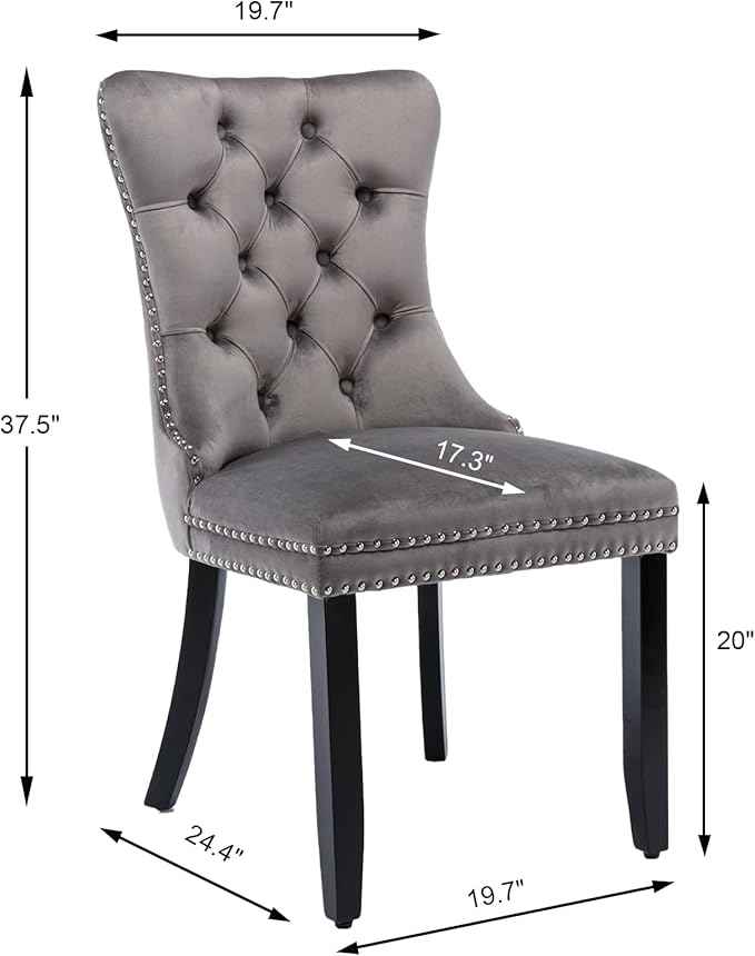 Grey Velvet Dining Chairs Set of 2, Upholstered Dining Room Chairs with Back Ring Pull Trim and Solid Wood Legs,Tufted Wingback Kitchen Chairs for Dining Room,Living Room,Kitchen(Grey)