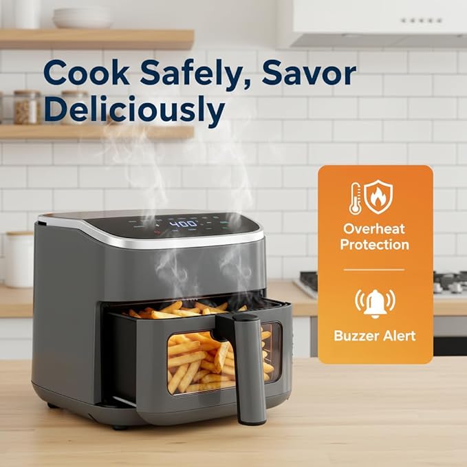 HealSmart 4 Qt Air Fryer with Visible Window, 8-in-1 Digital Airfryer with Interior Light, 1500W, Nonstick Dishwasher-Safe Basket for Fries, Bake, Wings, 60-Min Timer, Grey