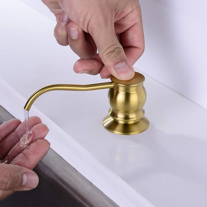 Built in Deck Mount Liquid Lotion Kitchen Countertop Metal Soap Dispenser, Brushed Gold Brass Dispenser Pump with 47.2" Silicone Long Tube for 0.79 "- 1.38" High Capacity Bottle Mouths